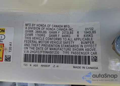 2022 Honda Civic Sport из США, поврежденный, VIN 2HGFE2F55NH561230